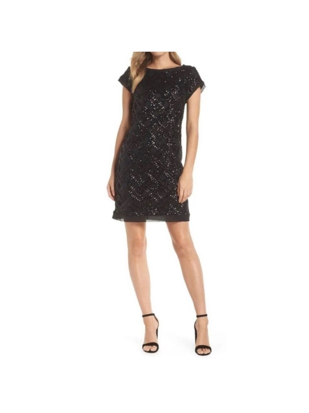 Eliza J Women’s Black Sequin Mini Sheath Cocktail Dress Cap Sleeve 12